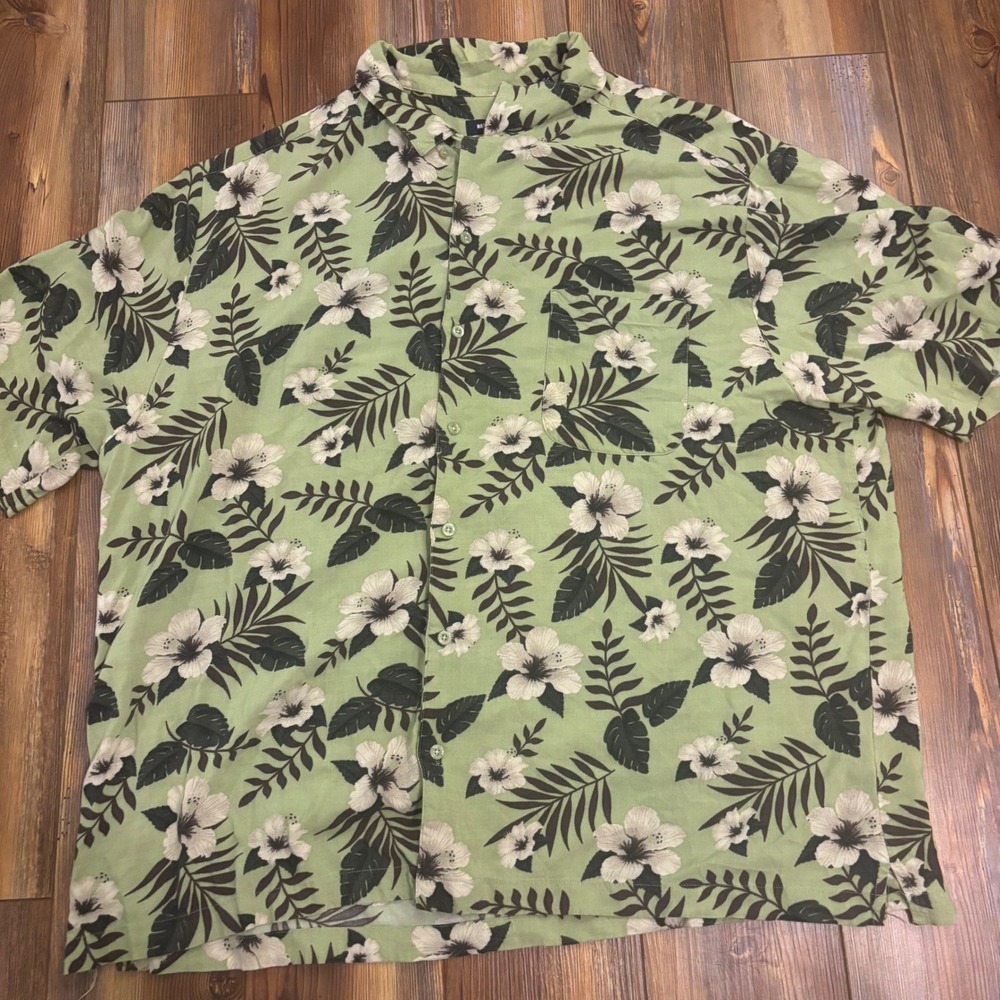 Puritan Mens 2XL Sage Green Tropical Hibiscus 100% Rayon Hawaiian Button Up XXL